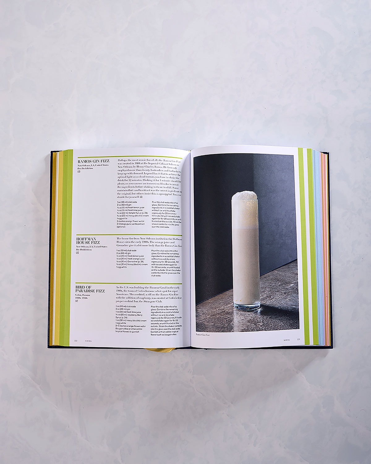Open cocktail book spread with three recipe entries on the left and a tall frothy drink photographed on the right.