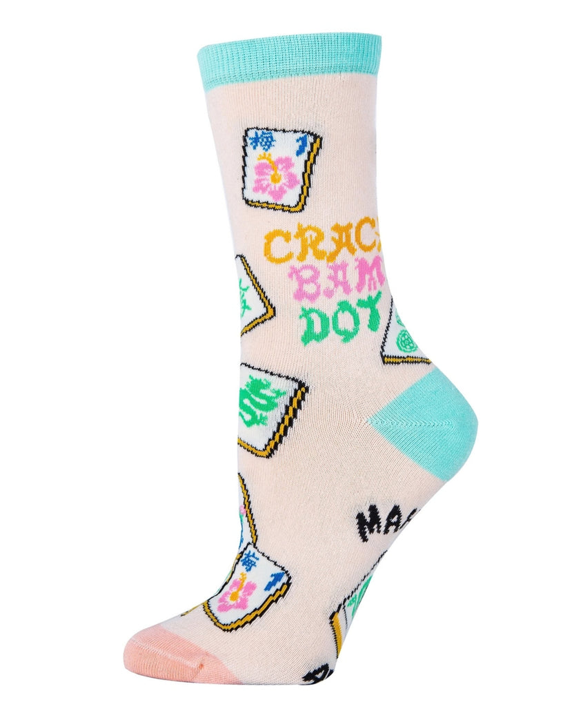 Single pale pink Mahjong-themed sock with colorful tile illustrations, aqua cuff and heel, and pink toe.