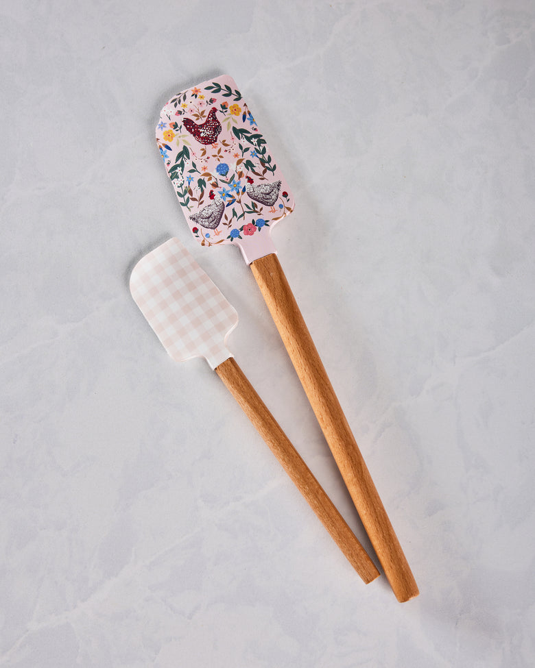 Multi - Chicken & Flowers Silicone Kitchen Spatulas - Set of 2 - Paper Farm Press - Printfresh
