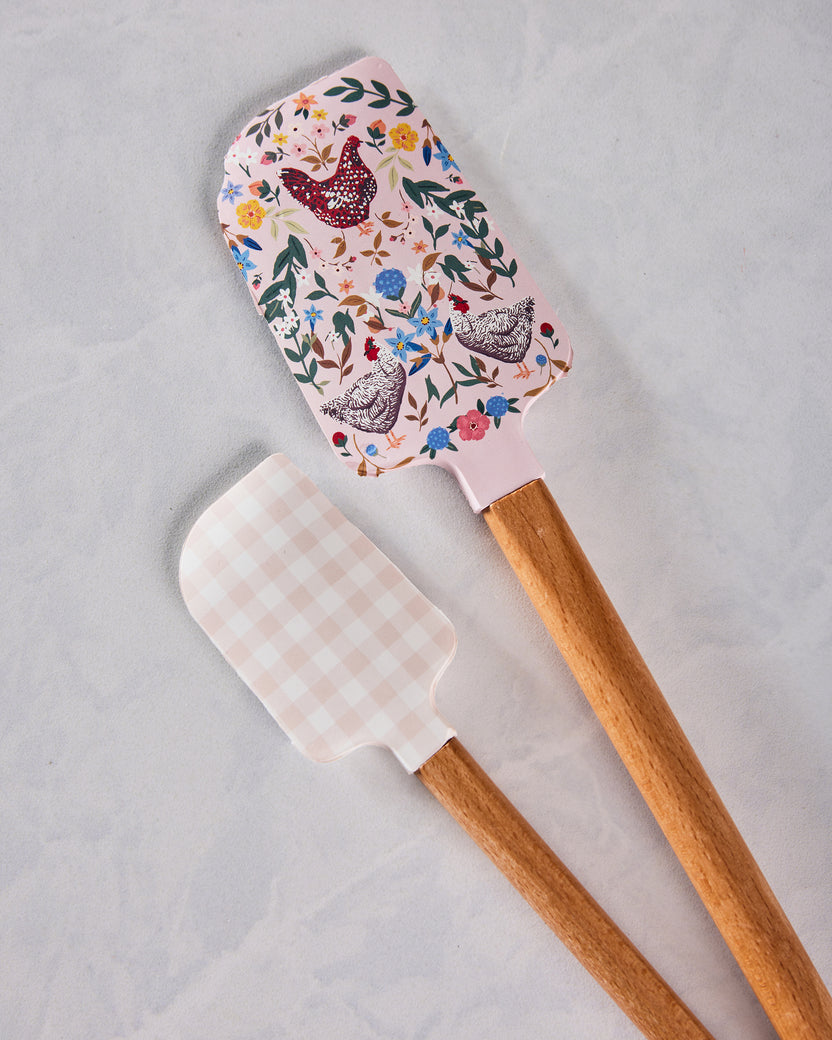 Multi - Chicken & Flowers Silicone Kitchen Spatulas - Set of 2 - Paper Farm Press - Printfresh