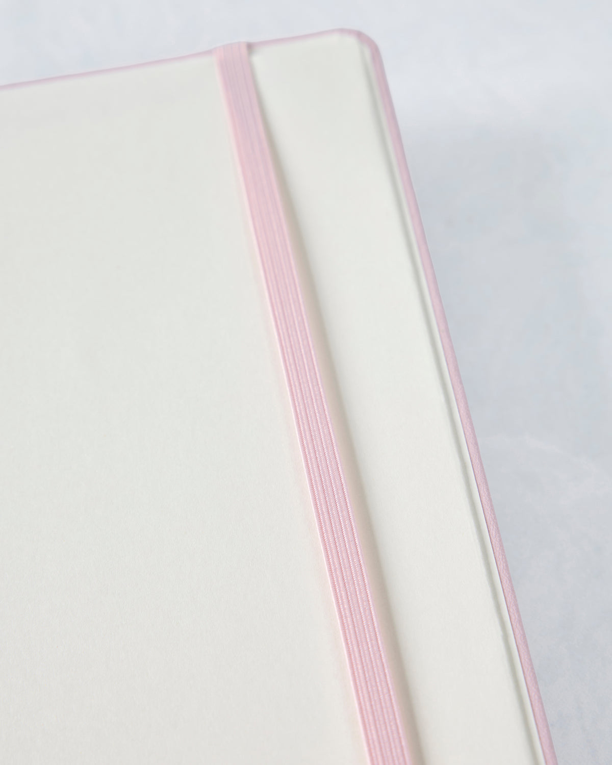 Close-up of the open journal showing blank lined pages, pink edging, and a ribbon bookmark.