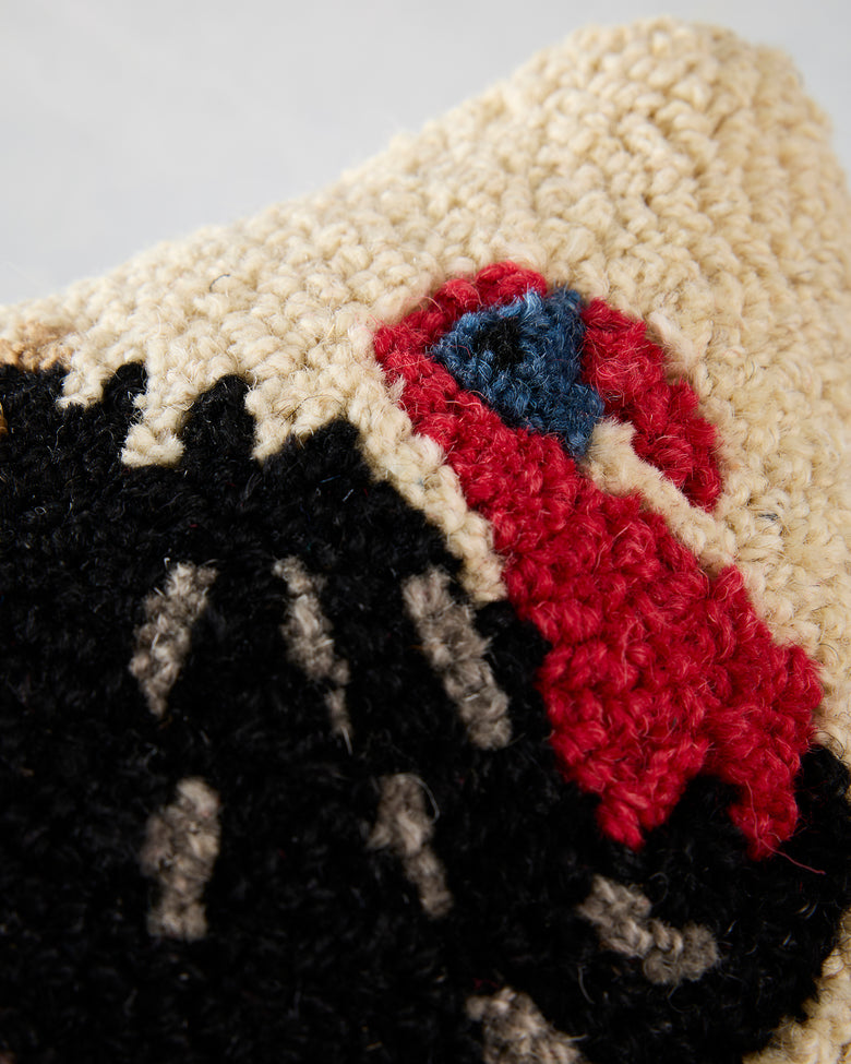 Close-up of the Perky Turkey pillow showing the textured turkey illustration and red-and-blue accent.