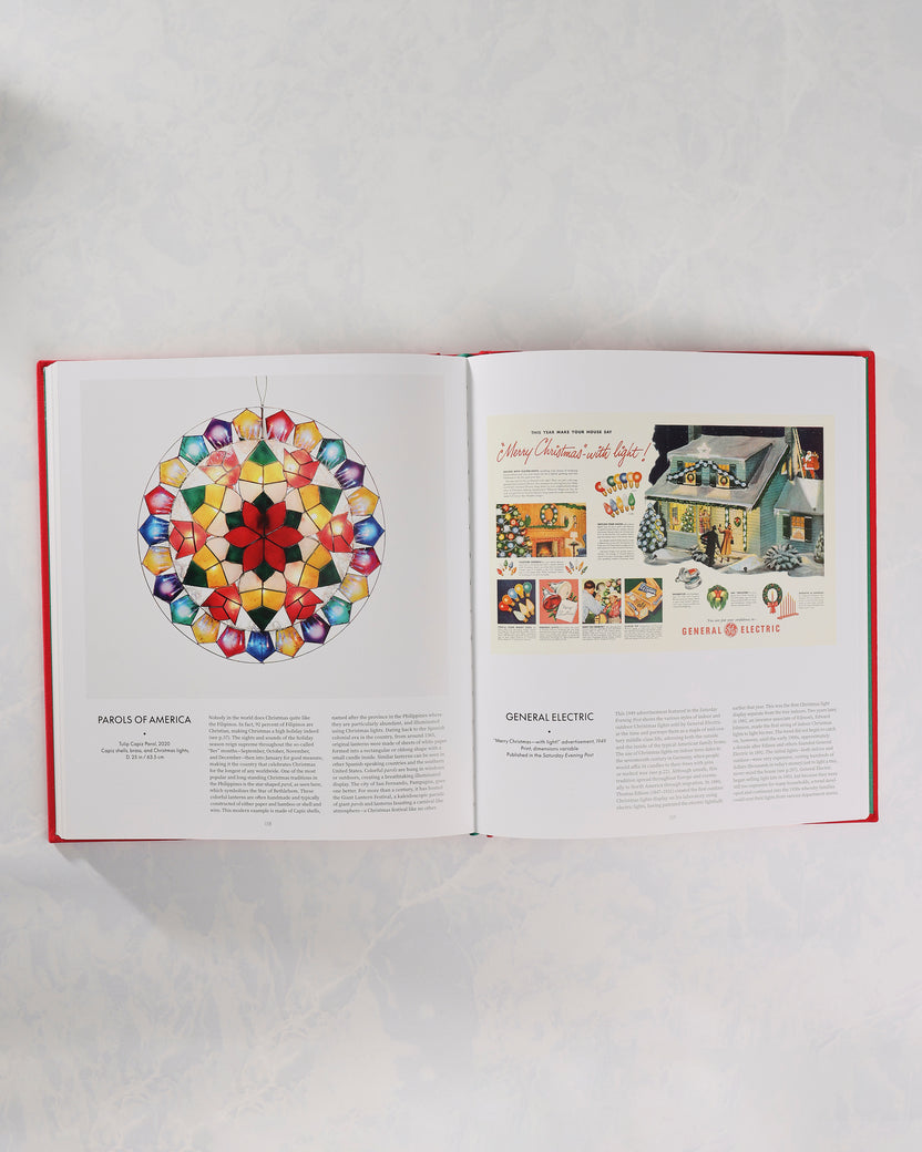 Open spread from The Christmas Book featuring a colorful circular design on the left and a General Electric Christmas light advertisement on the right.