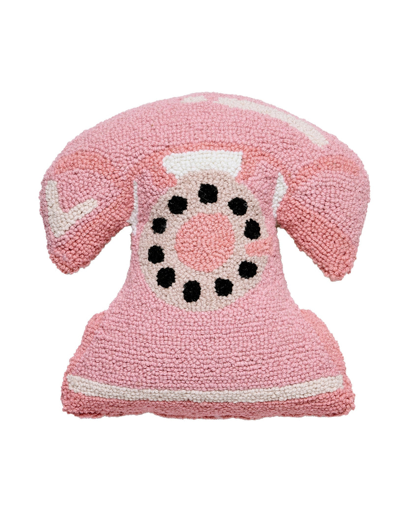 Pink telephone-shaped hook pillow with rotary dial, handset, and white trim