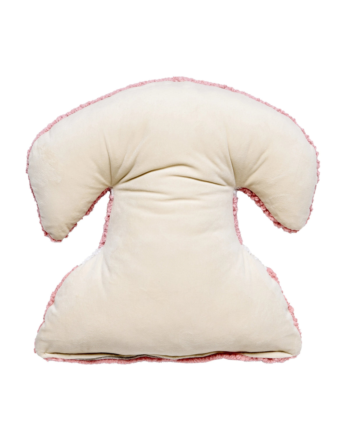 Back view of a pink telephone-shaped hook pillow with a plain light-colored reverse