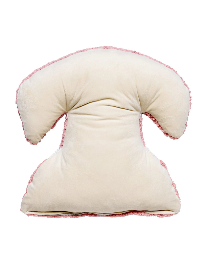 Back view of a pink telephone-shaped hook pillow with a plain light-colored reverse