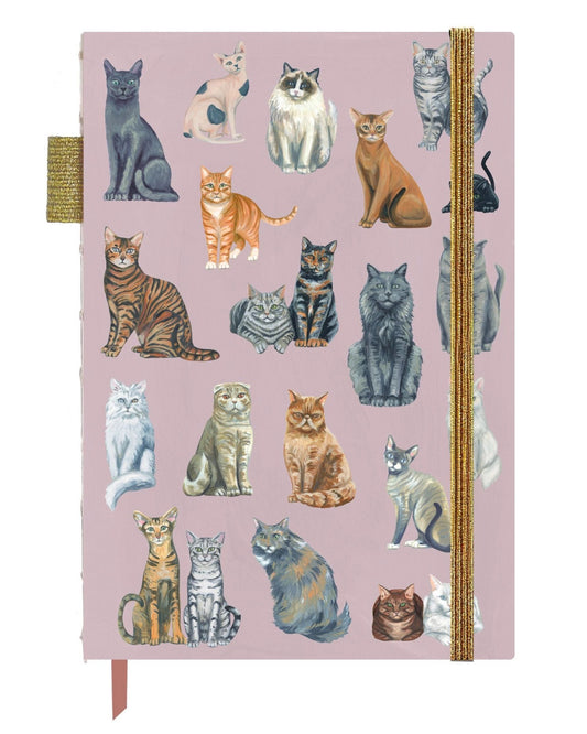Pink lay-flat journal with an illustrated cover featuring cats in various colors and poses.