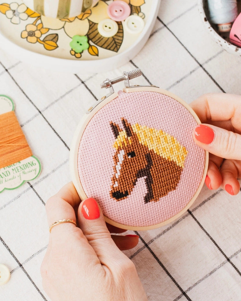 Hands hold a small embroidery hoop showing a stitched brown horse with a yellow mane on pink fabric.