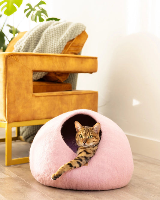Pink - Premium Felted Wool Cat Cave Bed - Fuzzy cove