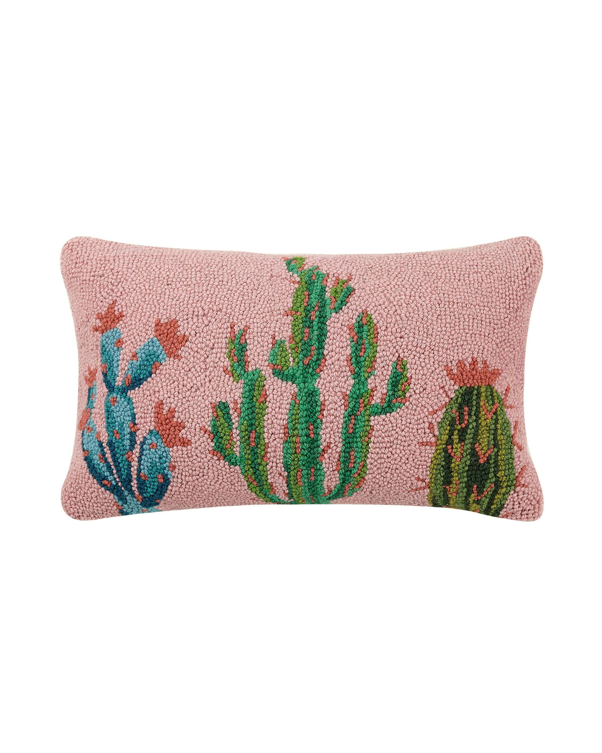 Rectangular pink accent pillow with hooked cactus artwork in blue, green, and red.