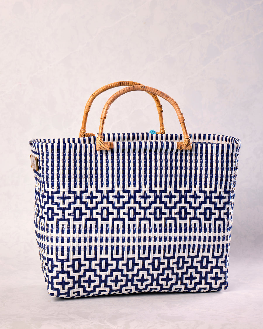Navy & White - Bamboo Preppy Tile Navy & White Citron Tote - Squeeze de Citron - Printfresh