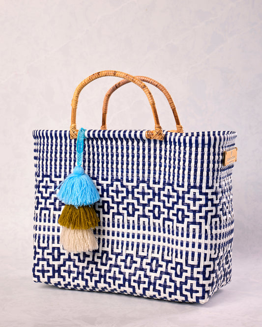 Navy & White - Bamboo Preppy Tile Navy & White Citron Tote - Squeeze de Citron - Printfresh