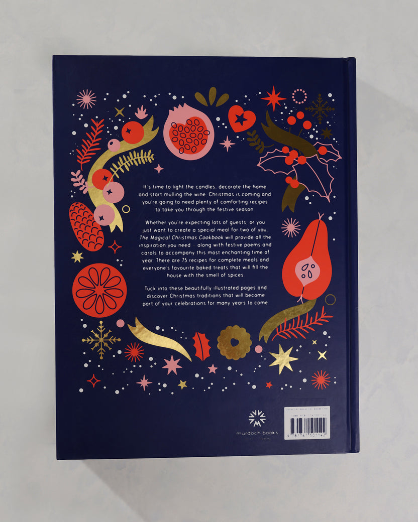 Back cover of The Magical Christmas Cookbook with a centered descriptive blurb, colorful Christmas illustrations, and a barcode.