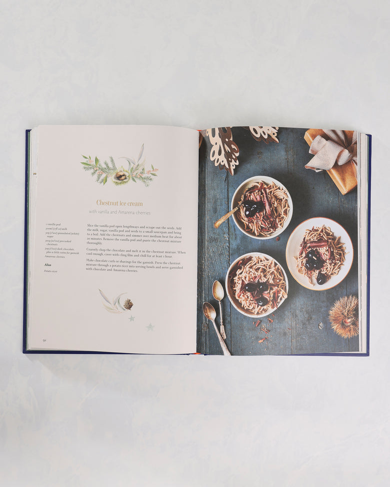 Open cookbook showing the “Chestnut ice cream” recipe beside a photograph of three bowls of dessert.