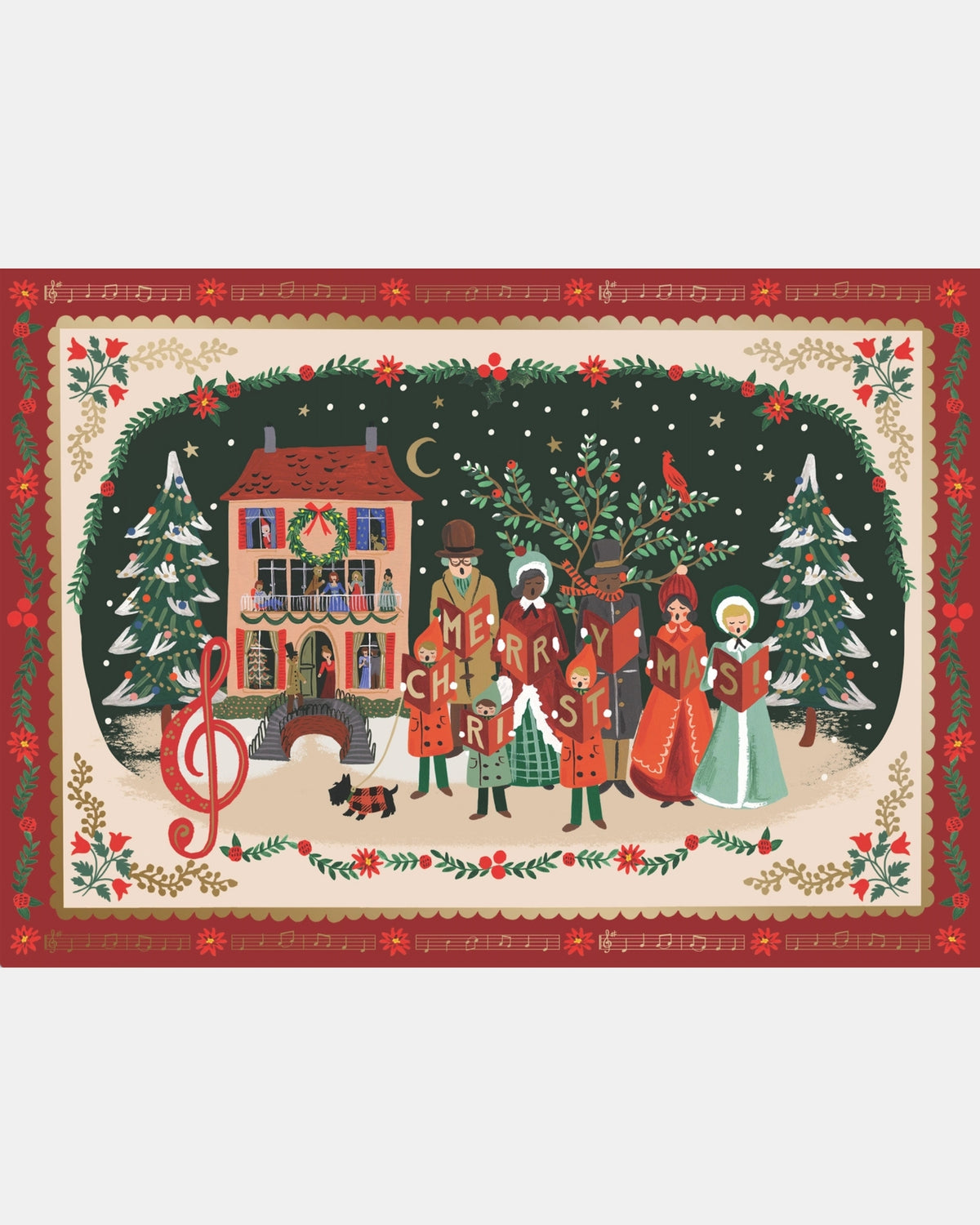 Completed Christmas carol puzzle showing carolers, a decorated house, Christmas trees, and a sheet-music border.