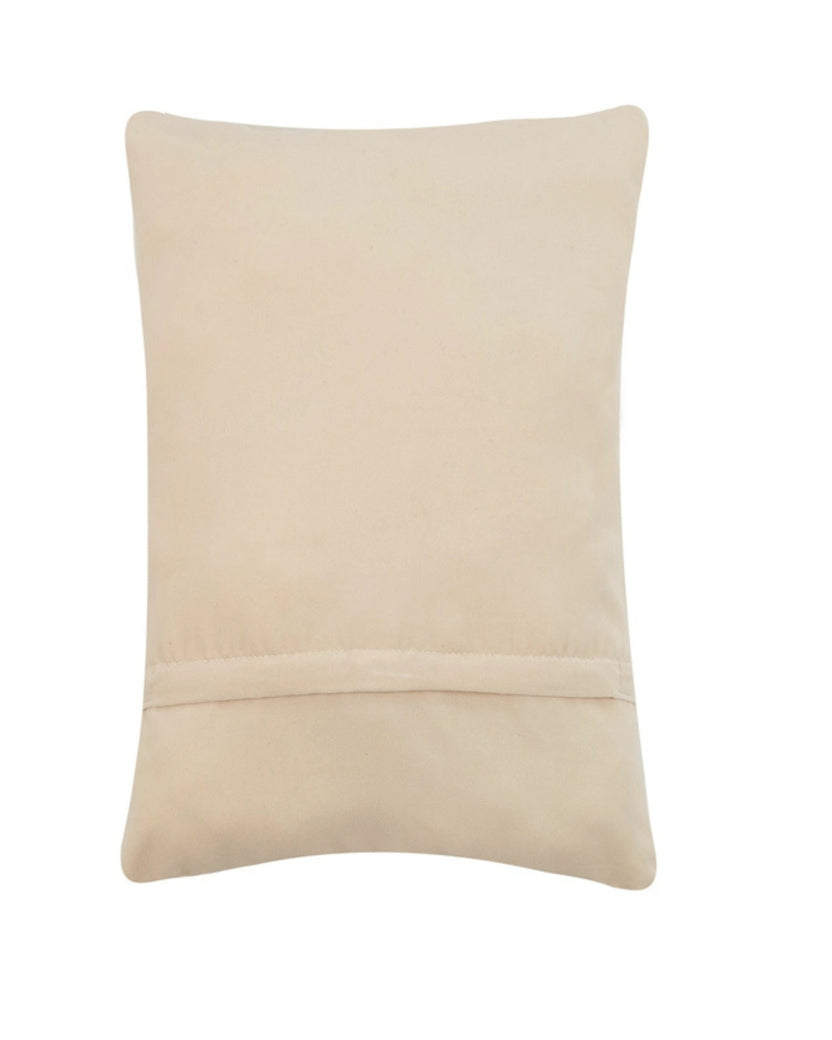 Back of the red rectangular hook pillow with a horizontal seam near the lower half
