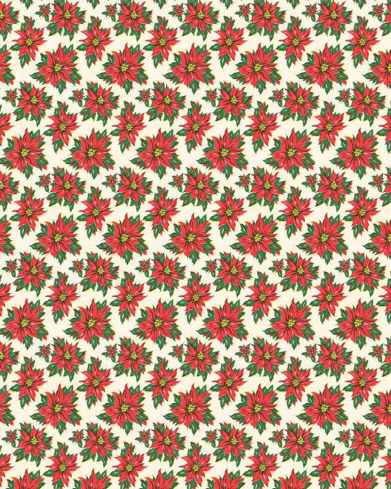 Repeating wrapping-paper pattern of red poinsettias with green leaves on a cream background.