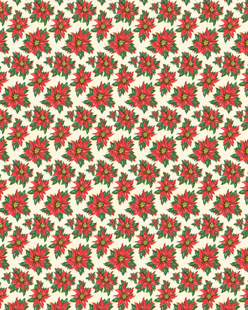 Repeating wrapping-paper pattern of red poinsettias with green leaves on a cream background.
