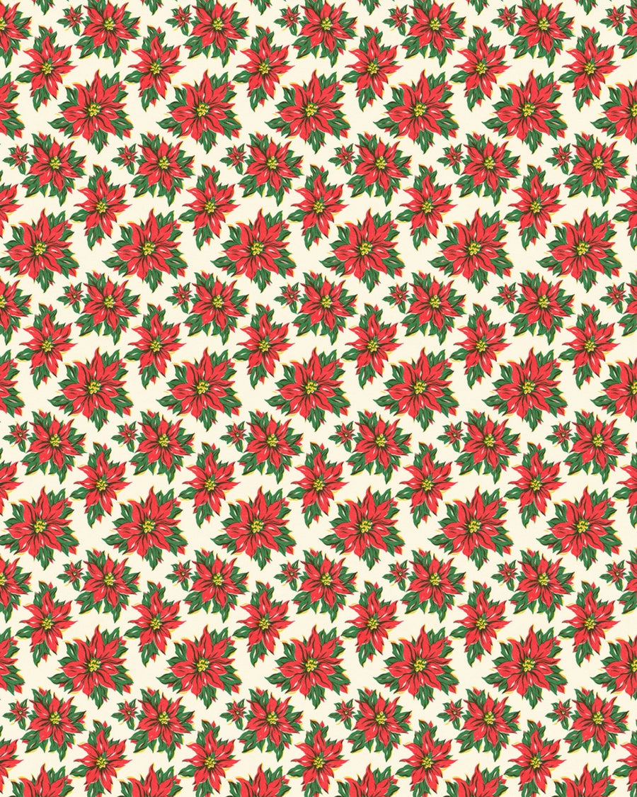 Repeating wrapping-paper pattern of red poinsettias with green leaves on a cream background.