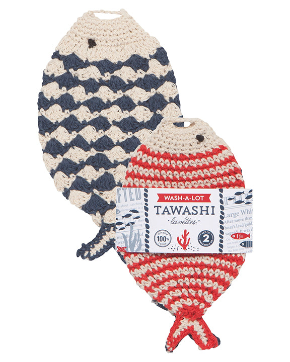 Red/Blue - Little Fish Tawashi Crocheted Dishclothes Set of 2 - Now Designs by Danica - Printfresh