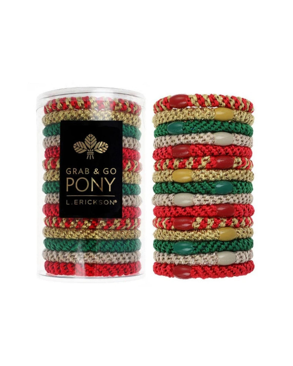 Red, green, cream, and gold hair ties displayed in a clear tube beside the matching set.