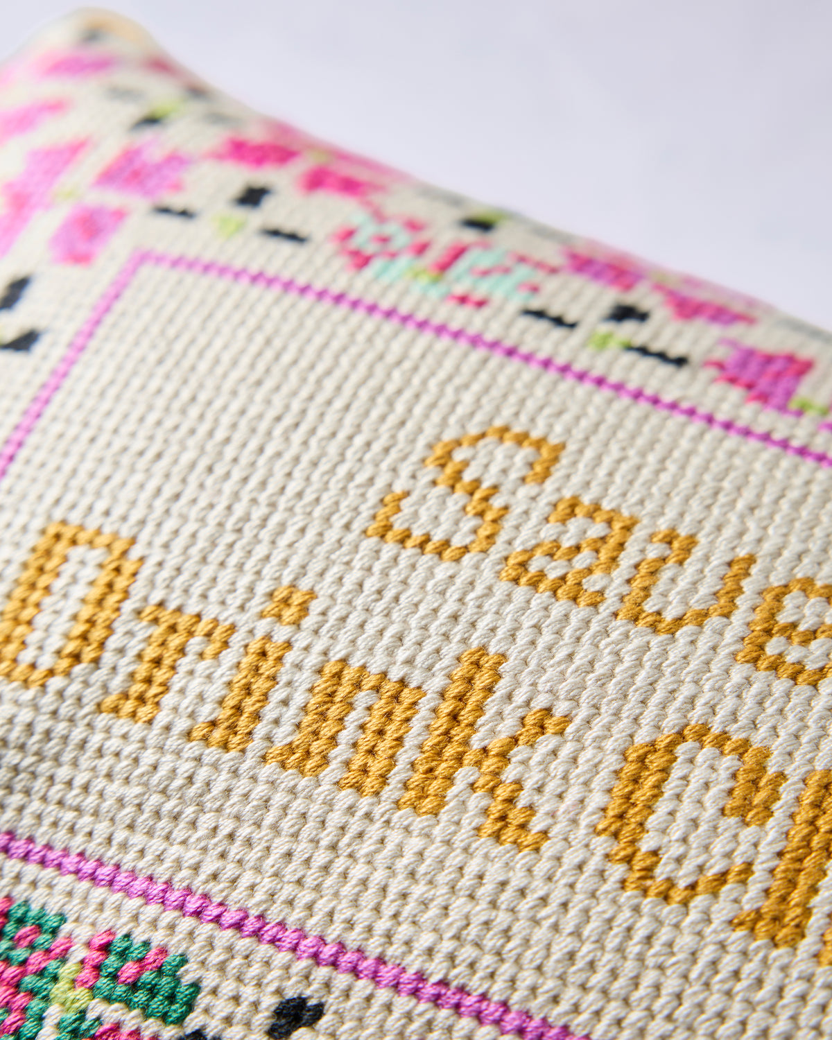 Close-up of the stitched “Save Water, Drink Champagne” lettering on a needlepoint pillow.