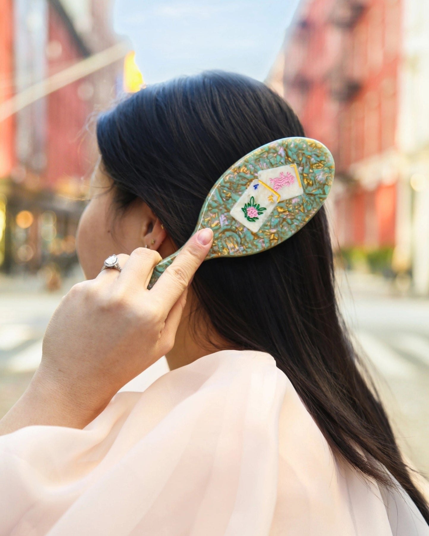 Seafoam Combo - Hand Painted Flower Mahjong Amazing Hair Day Brush - Solar Eclipse - Printfresh