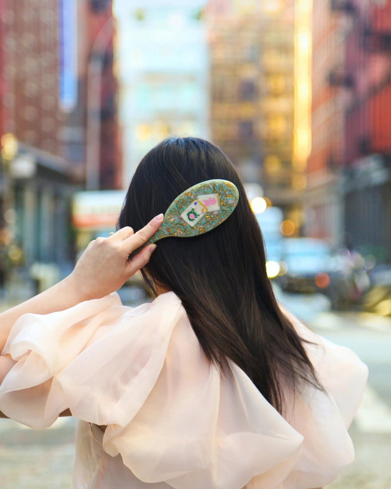 Seafoam Combo - Hand Painted Flower Mahjong Amazing Hair Day Brush - Solar Eclipse - Printfresh