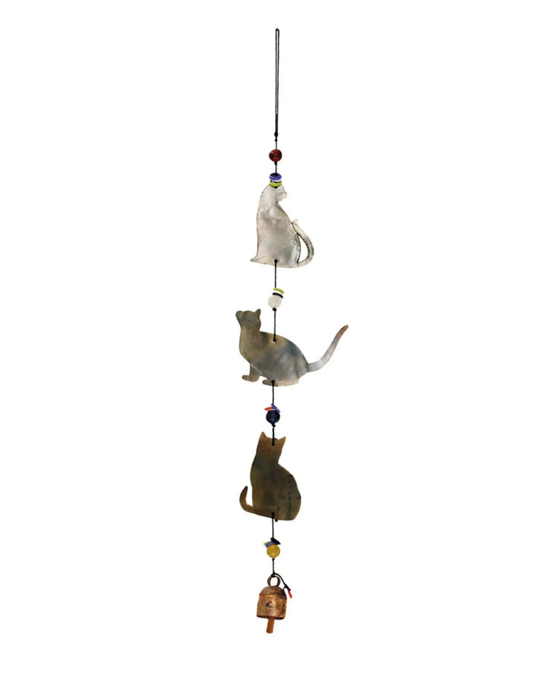 Hanging cat wind chime with three cat figures, beads, and a bell
