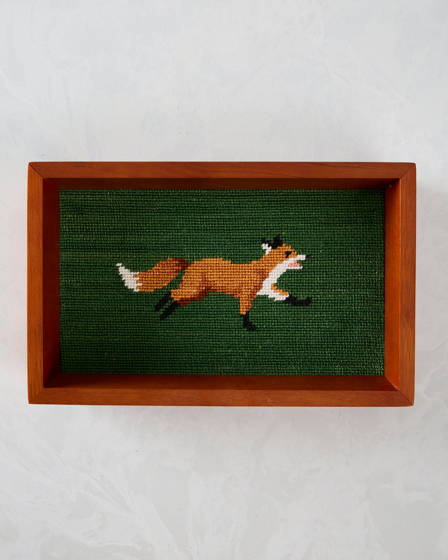 Top view of the dark green fox needlepoint valet tray in a brown wooden frame.