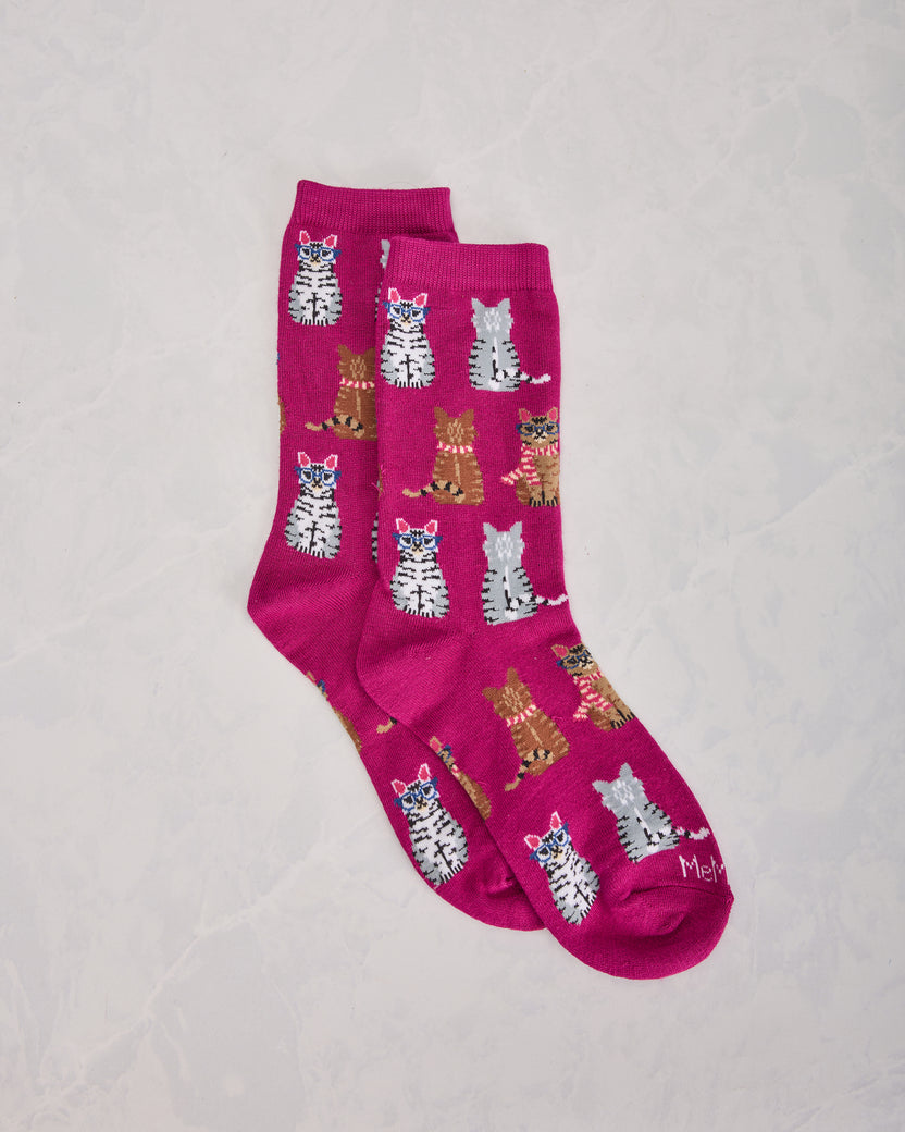 Fuchsia - Studious Cats Crew Socks - Printfresh