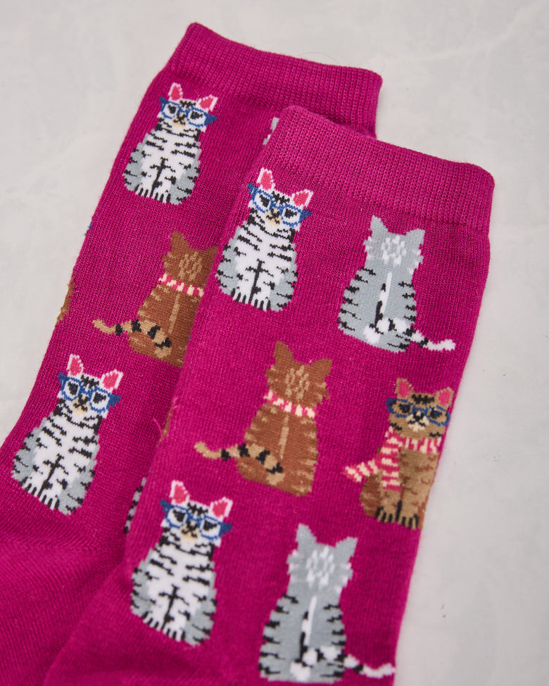 Fuchsia - Studious Cats Crew Socks - Printfresh