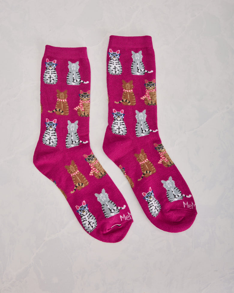 Fuchsia - Studious Cats Crew Socks - Printfresh