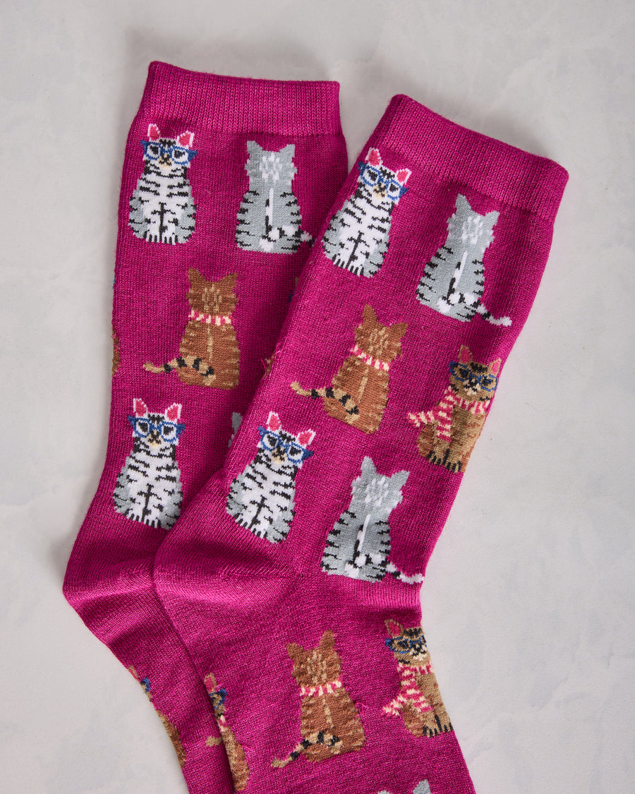 Fuchsia - Studious Cats Crew Socks