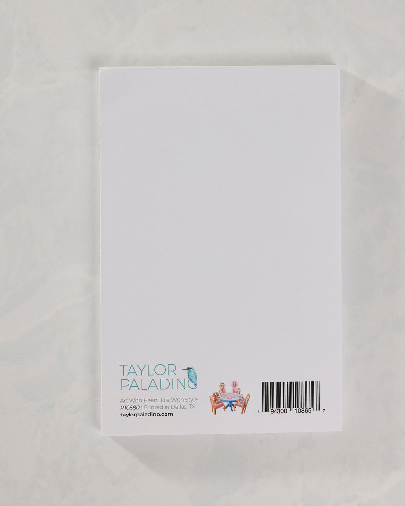 Back of the white notepad packaging showing Taylor Paladino branding, product details, and a barcode.