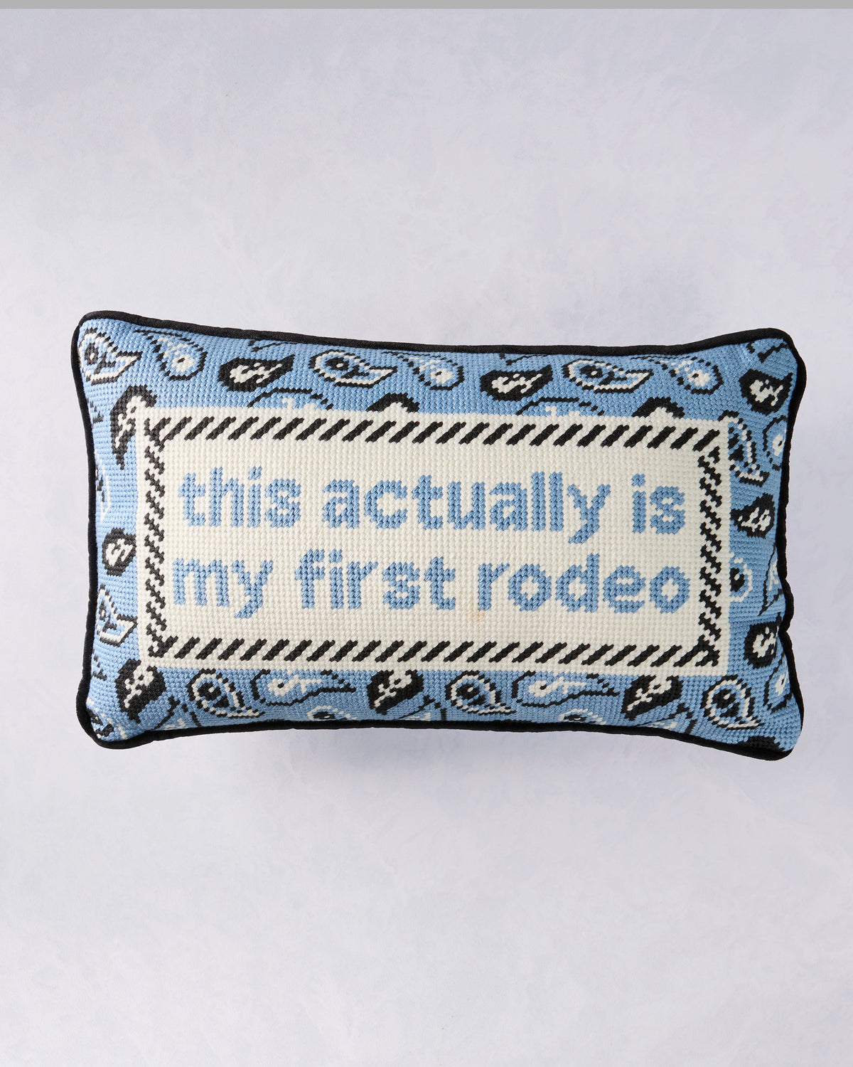 Blue needlepoint pillow with a black-and-white border and the message “this actually is my first rodeo.”