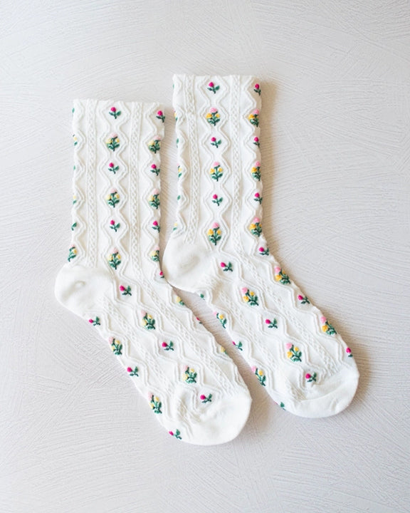 White - Romantic Floral Casual Socks - Tiepology - Printfresh
