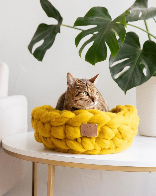 Yellow - Chunky Knit Wool Cat Bed - Fuzzy Cove - Printfresh