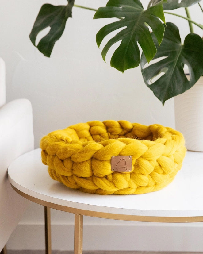 Yellow - Chunky Knit Wool Cat Bed - Fuzzy Cove - Printfresh