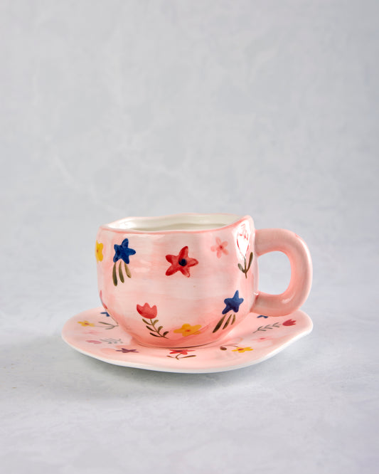 Pink Combo - Flower Ceramic Mug and Saucer - Chow's Stories - Printfresh