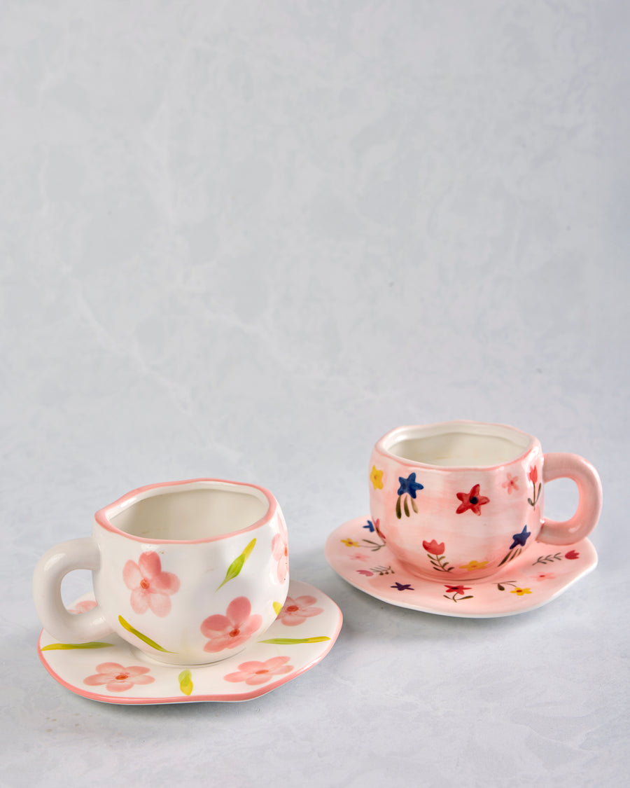 Pink Combo - Flower Ceramic Mug and Saucer - Chow's Stories - Printfresh