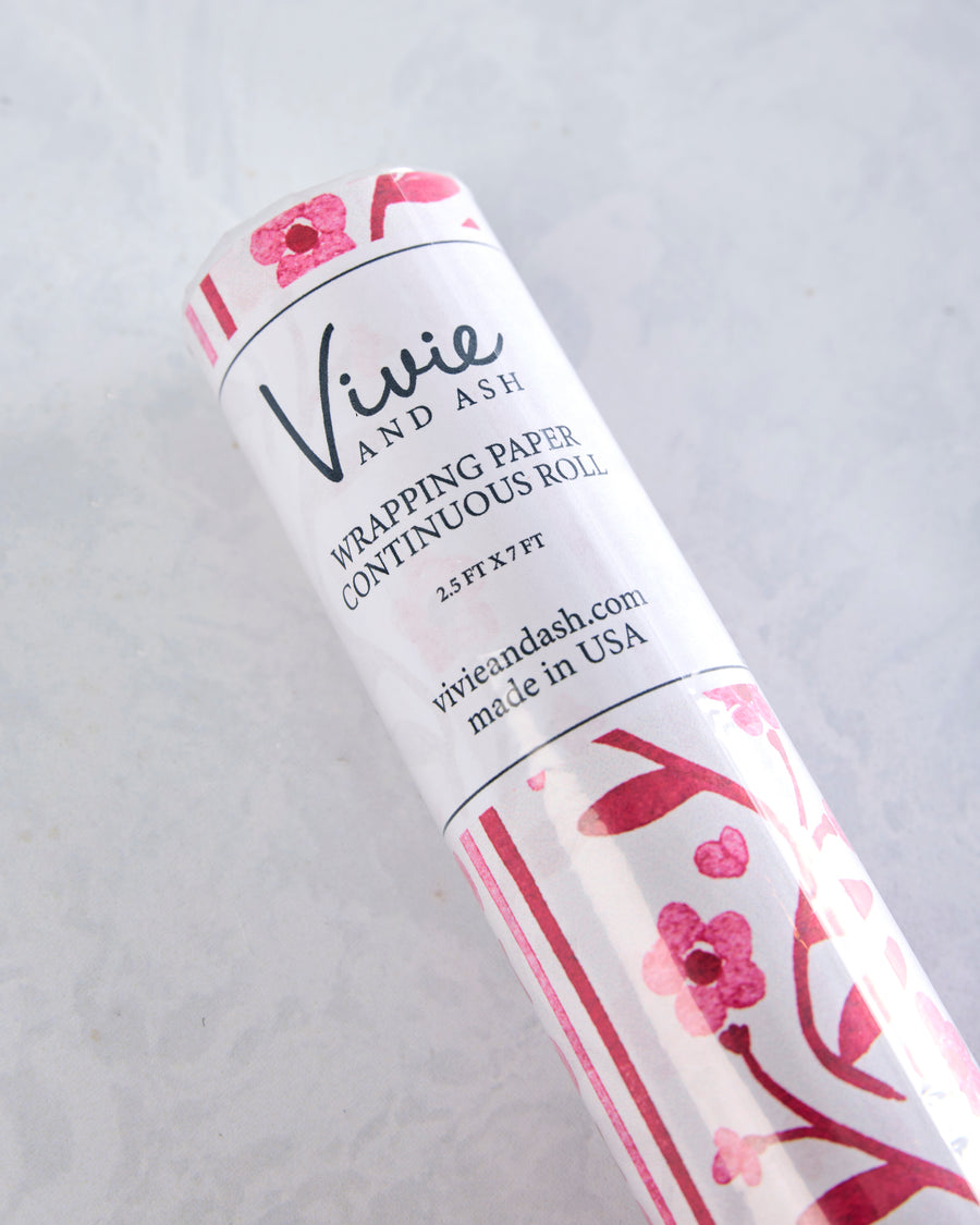 Pink/Red Combo - Love Text Floral Stripe Valentine Wrapping Paper Roll - Vivie & Ash - Printfresh