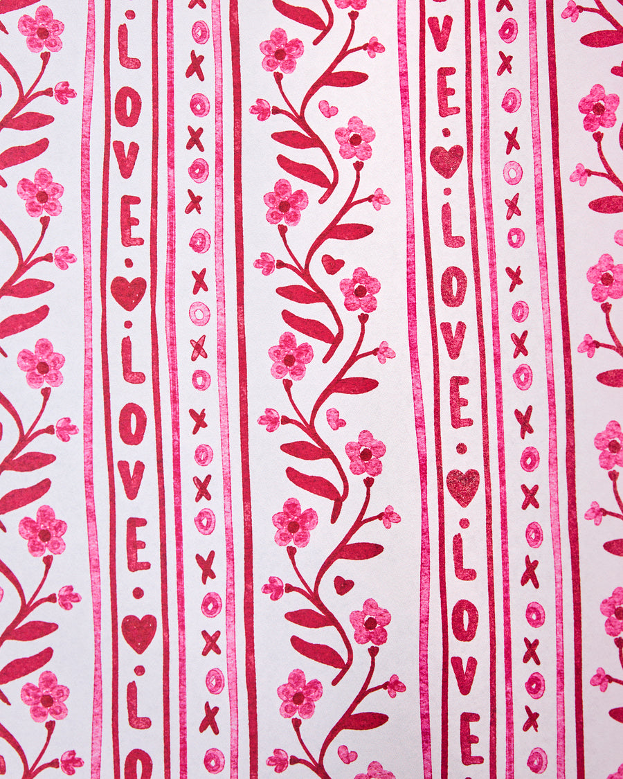 Pink/Red Combo - Love Text Floral Stripe Valentine Wrapping Paper Roll - Vivie & Ash - Printfresh