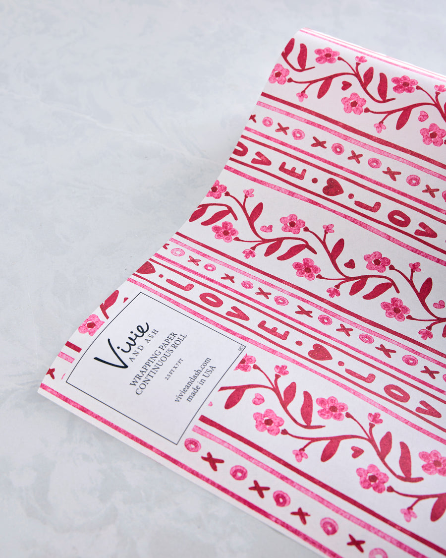Pink/Red Combo - Love Text Floral Stripe Valentine Wrapping Paper Roll - Vivie & Ash - Printfresh