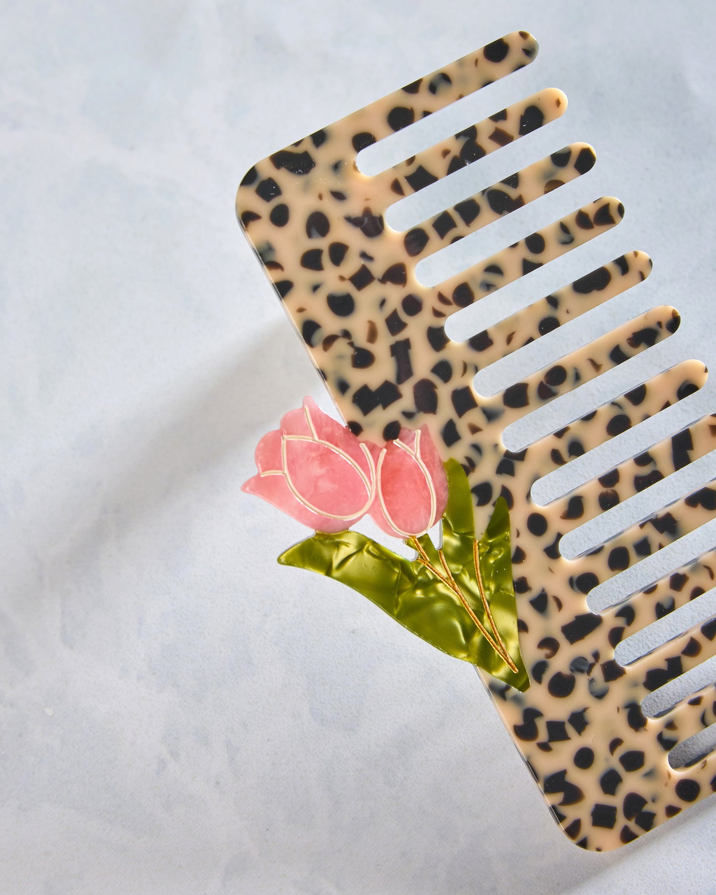 Leopard Combo - Hand Painted Vintage Tulips Detangling Wide Tooth Hair Comb - Solar Eclipse - Printfresh