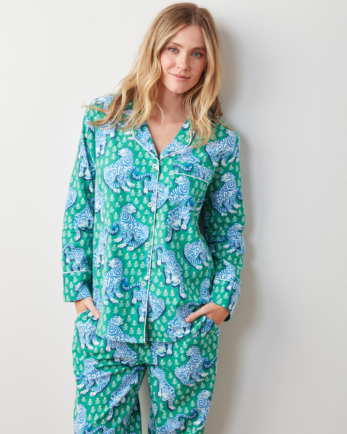 Tiger Queen Lightweight Flannel Long PJ Set Jade