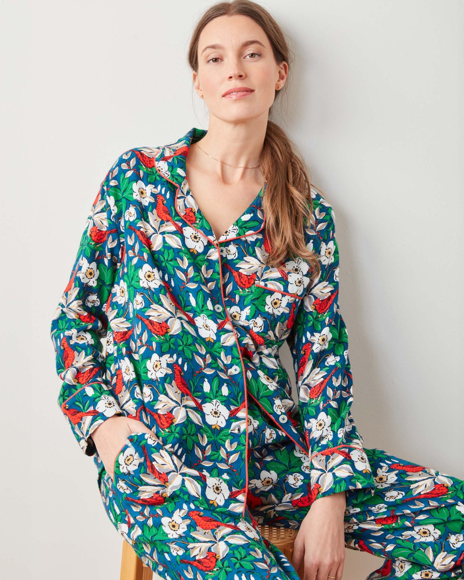 Treetop Cardinals - Midweight Flannel Long PJ Set - Navy - Printfresh