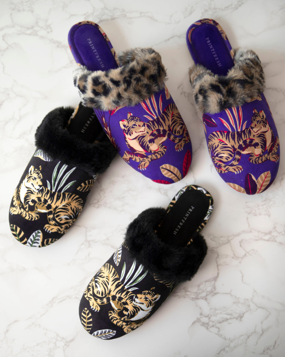 Untamed Tiger - Velvet Faux-Fur Slippers - Gold Ink - Printfresh