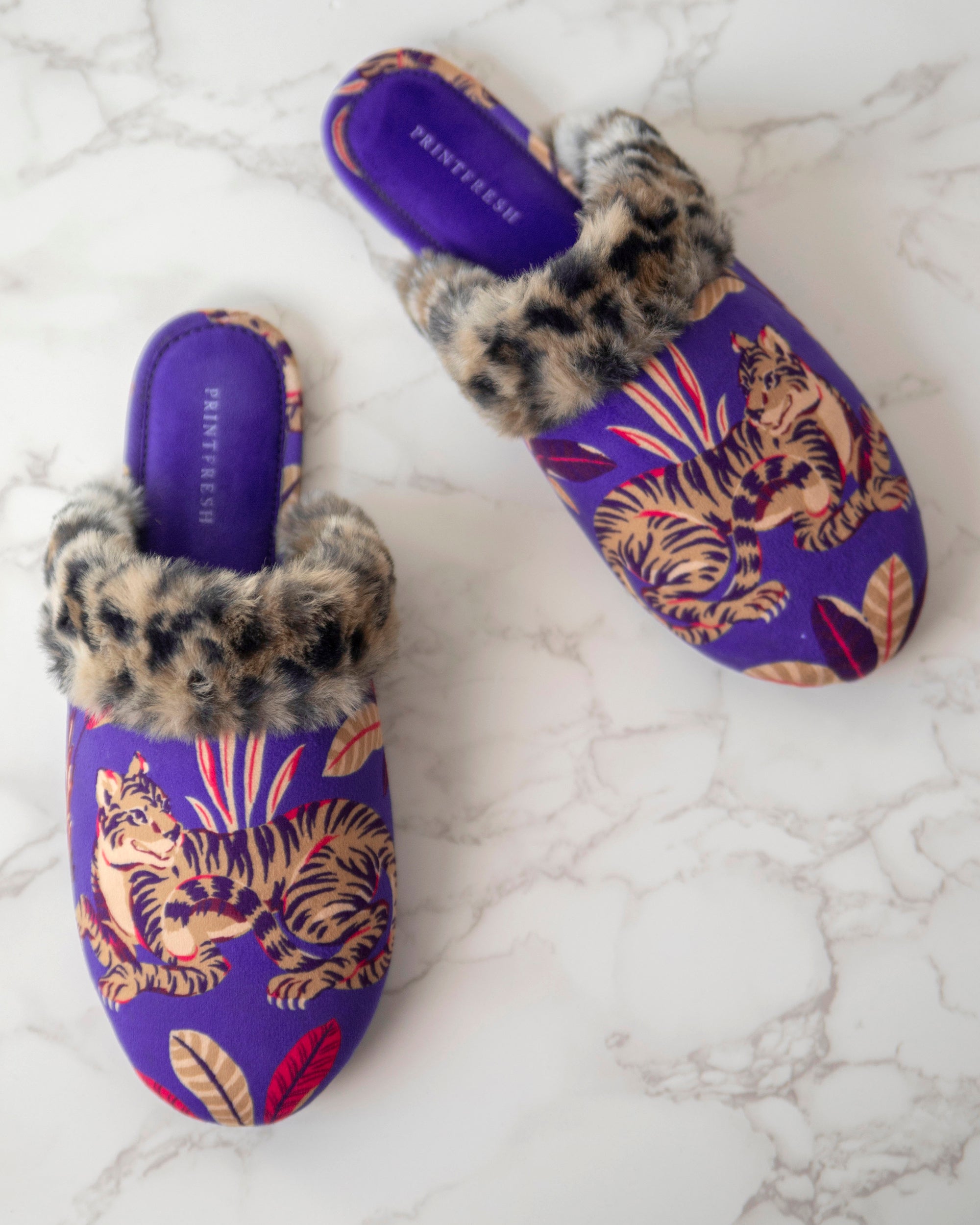 Untamed Tiger - Velvet Faux-Fur Slippers - Grape Soda - Printfresh