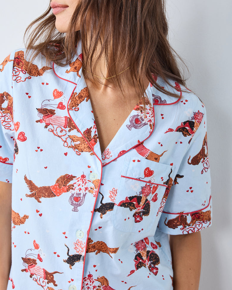 Dachshund Date - Short Sleeve Cropped Pants Set - Pale Blue - Printfresh